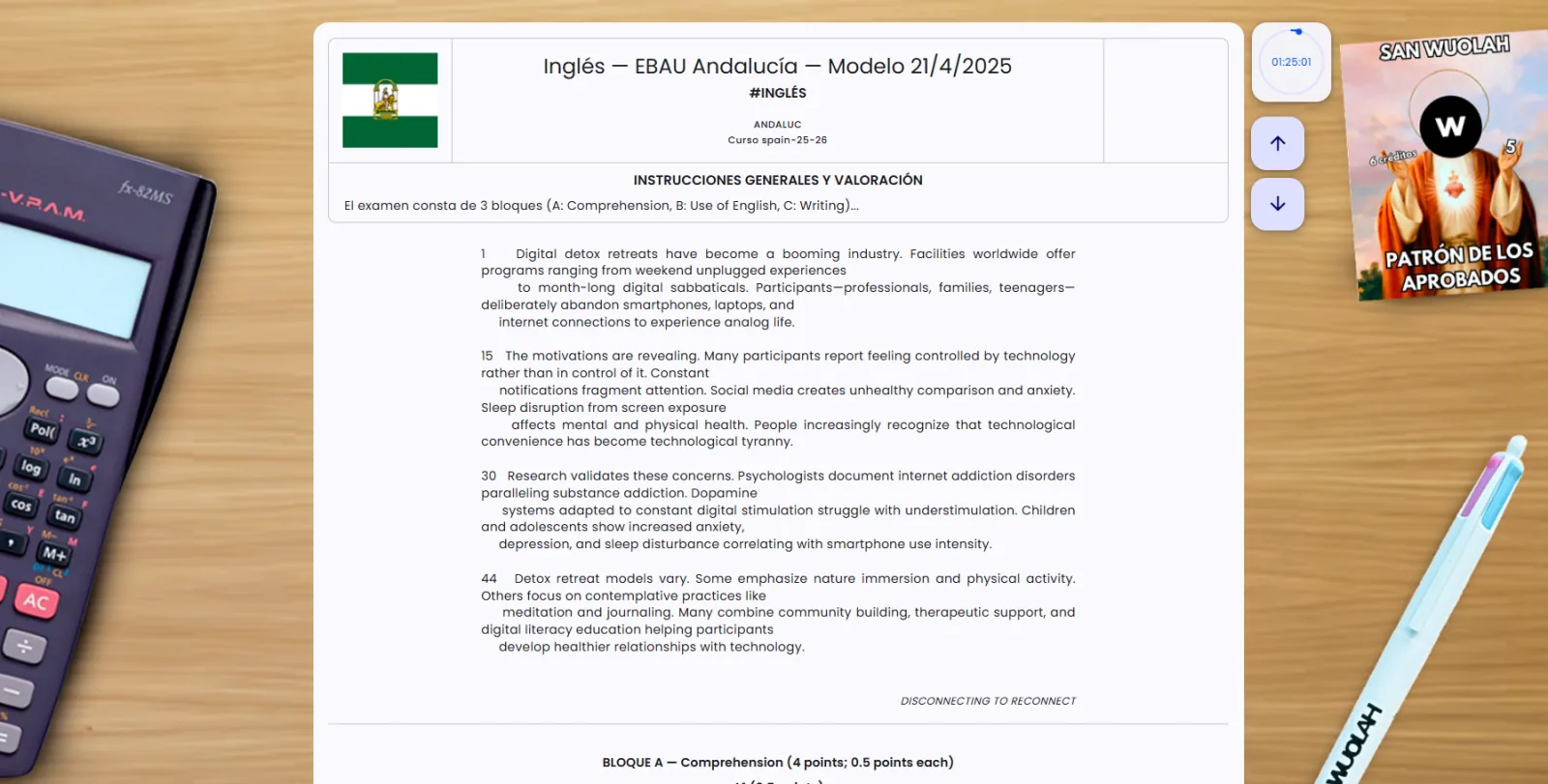 Pupitre de estudiante con un examen de simulación PAU con IA, apuntes, bolígrafo, calculadora y café